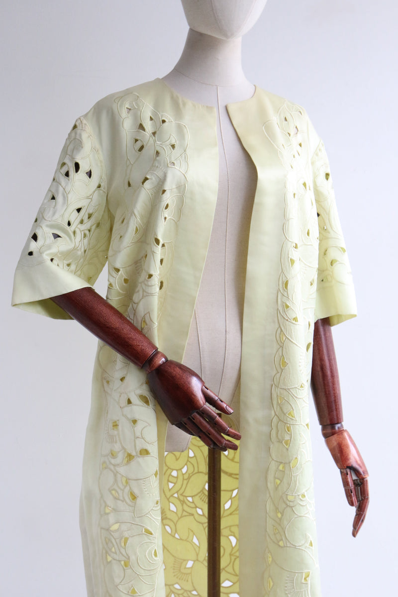 "Floral Cut Away Embroidery" Vintage 1960's Pale Yellow Floral Embroidered Coat UK 12 US 8