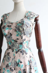 "Blue Roses" Vintage 1950's Cotton Floral Dress UK 10 US 6