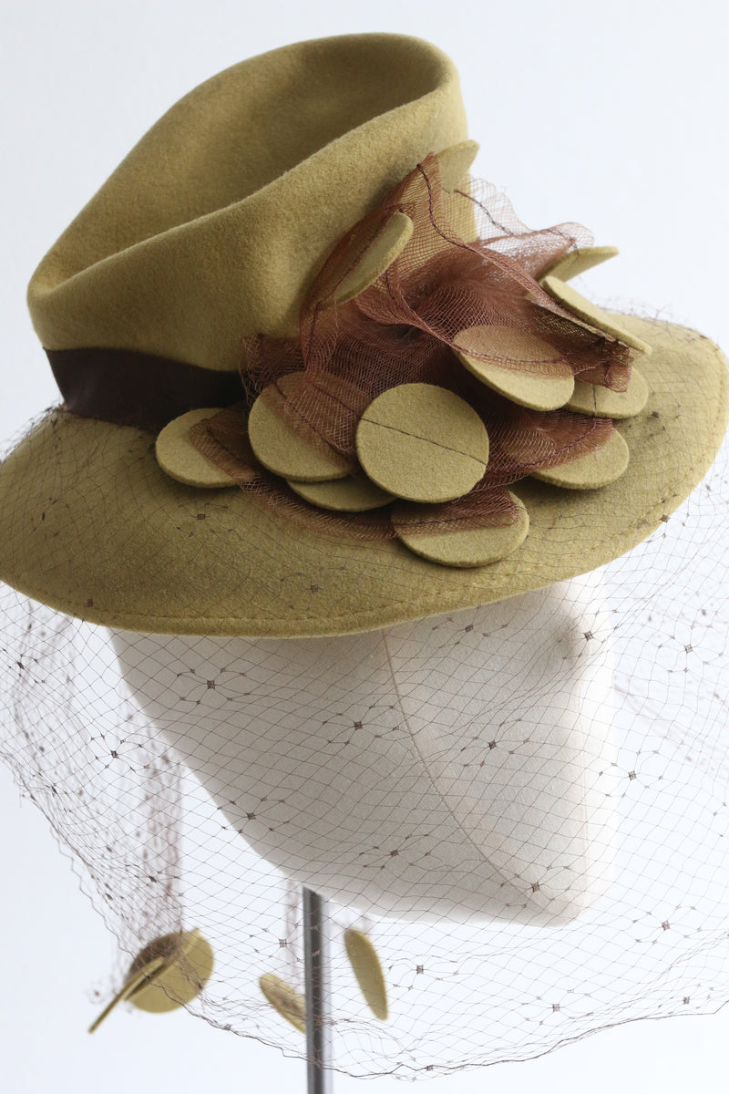 "Chartreuse Felt" Vintage 1940's Chartreuse Felt Detailed Hat