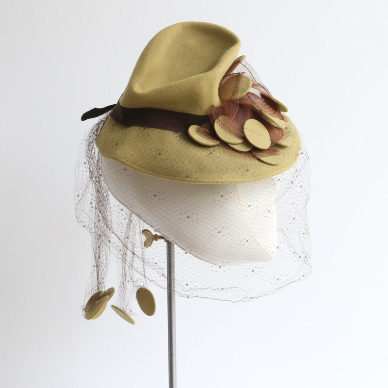 "Chartreuse Felt" Vintage 1940's Chartreuse Felt Detailed Hat