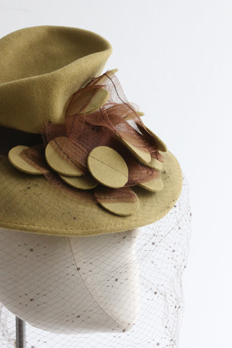 "Chartreuse Felt" Vintage 1940's Chartreuse Felt Detailed Hat