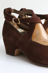 "Scalloped Vamp" Vintage 1930's Brown Suede Ankle Strap Wedges UK 6 EU 39 US 8