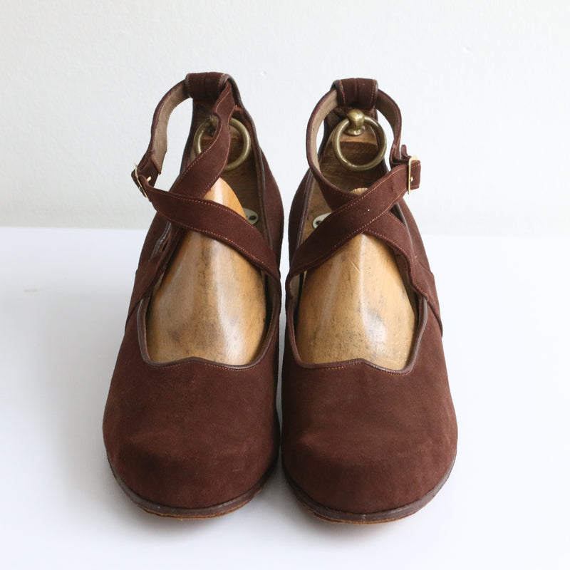 "Scalloped Vamp" Vintage 1930's Brown Suede Ankle Strap Wedges UK 6 EU 39 US 8