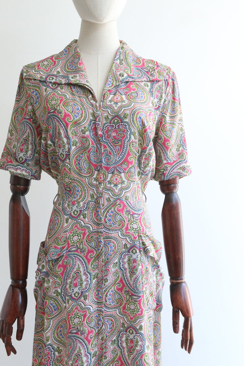 "Lime Paisley" Vintage 1930's Silk Paisley Dress UK 10-12 US 6-8