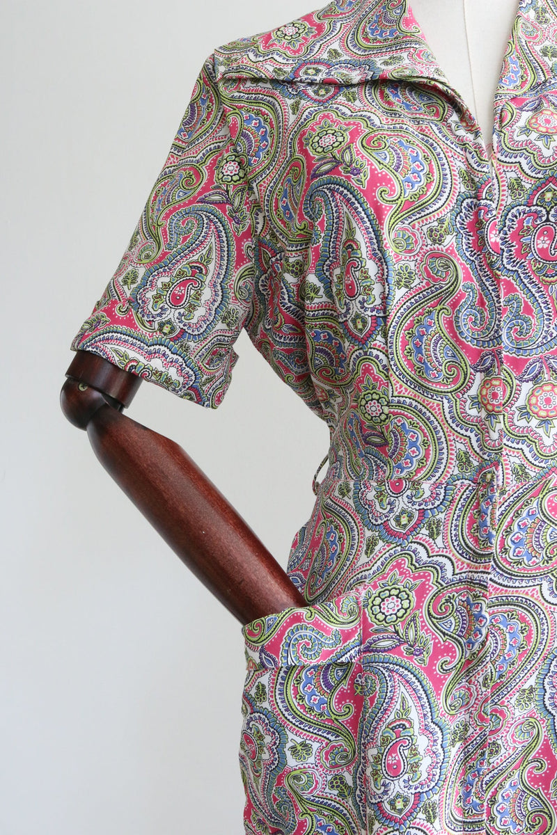 "Lime Paisley" Vintage 1930's Silk Paisley Dress UK 10-12 US 6-8