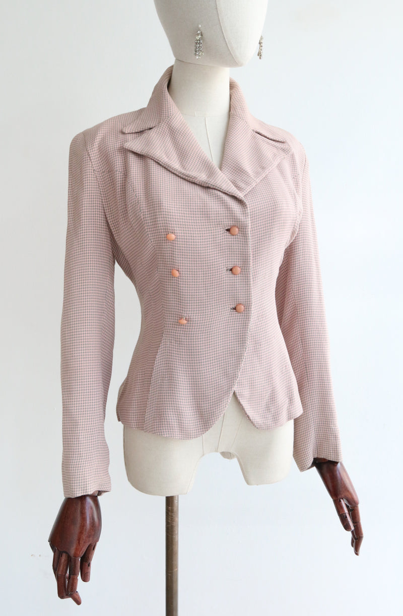 "Pink & Grey Dogtooth" Vintage 1940's Pink & Grey Dogtooth Silk Jacket UK 10 US 6