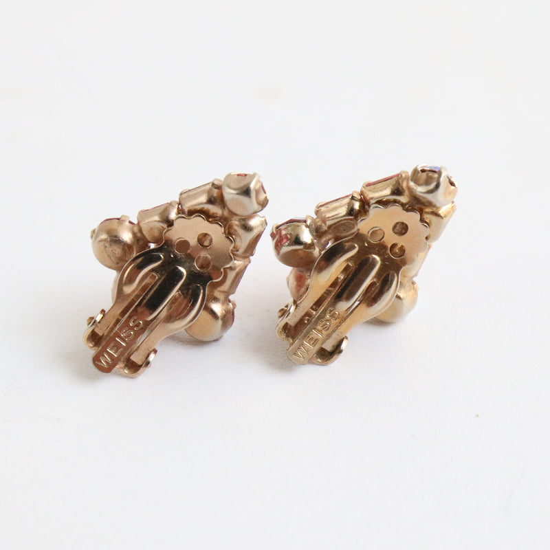 "Rose Rhinestones" Vintage 1950's Rose Rhinestone Weiss Clip on Earrings