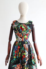 "Harvest Symphony" Vintage 1950's Novelty Print Cotton Dress UK 4-6 US 0-2
