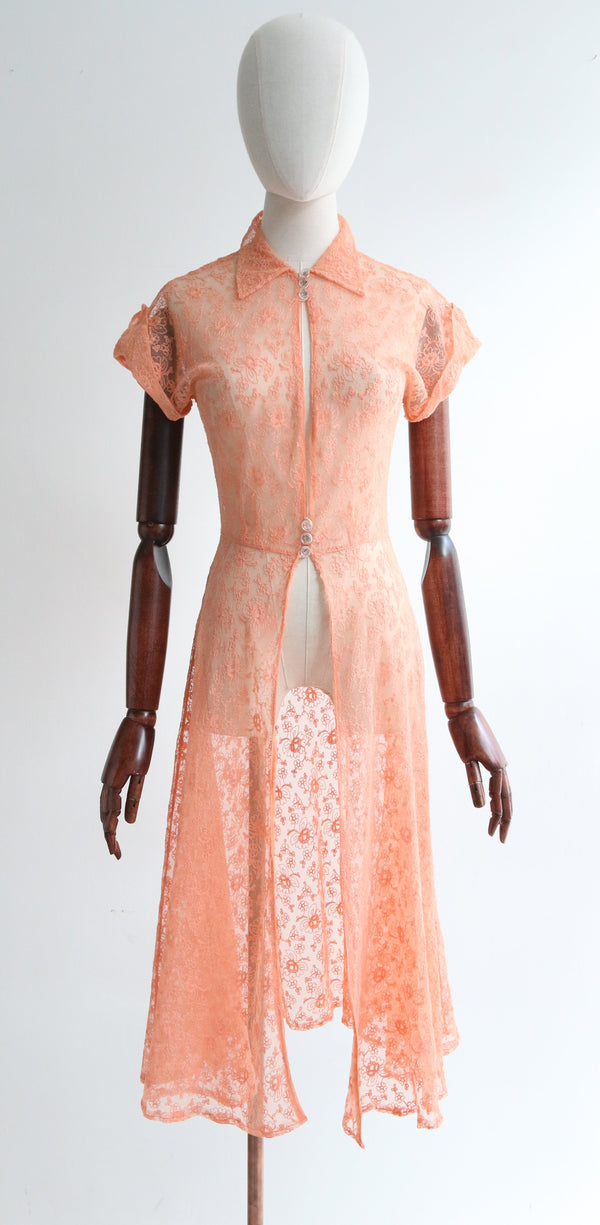 "Apricot Lace" Vintage 1940's Apricot Floral Lace Overdress UK 8 US 4