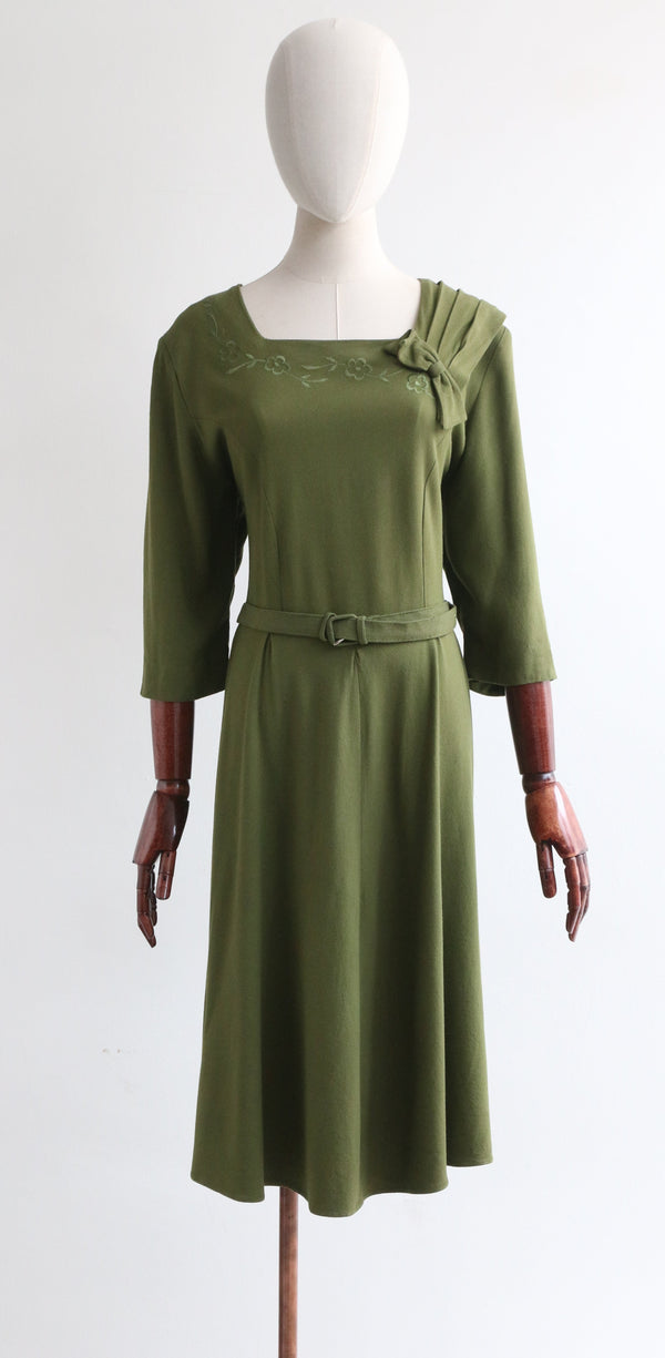 "Evergreen" Vintage 1940's Green Wool Day Dress UK 16 US 12