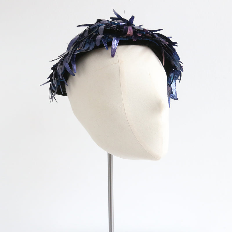 "Iridescent Feathers" Vintage 1940's Sequin & Velvet Percher Hat