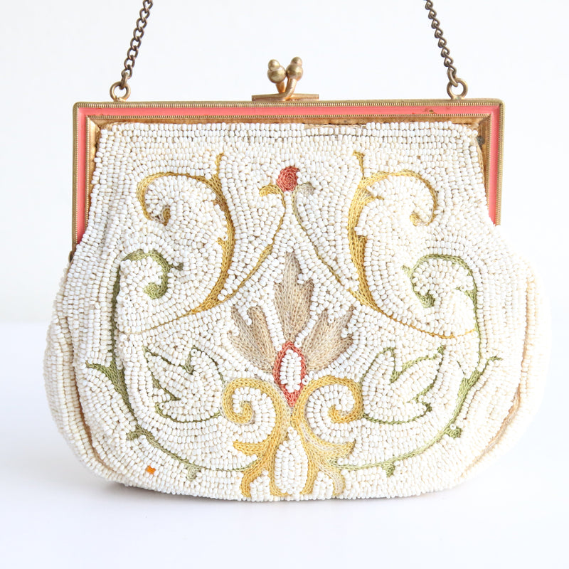 "White Rocaille & Crewel" Vintage 1920's Beaded & Embroidered Handbag