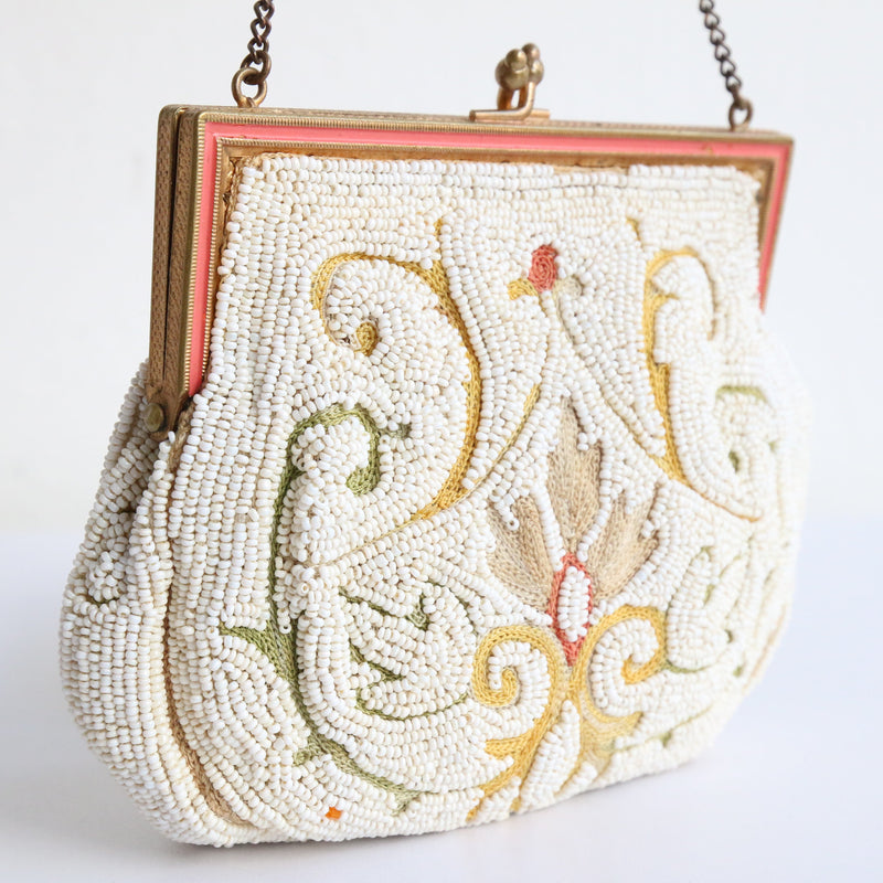"White Rocaille & Crewel" Vintage 1920's Beaded & Embroidered Handbag