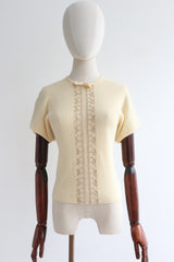 "Soft Yellow Beadwork" Vintage 1950's Orlon Beaded Knit UK 12-14 US 8-10