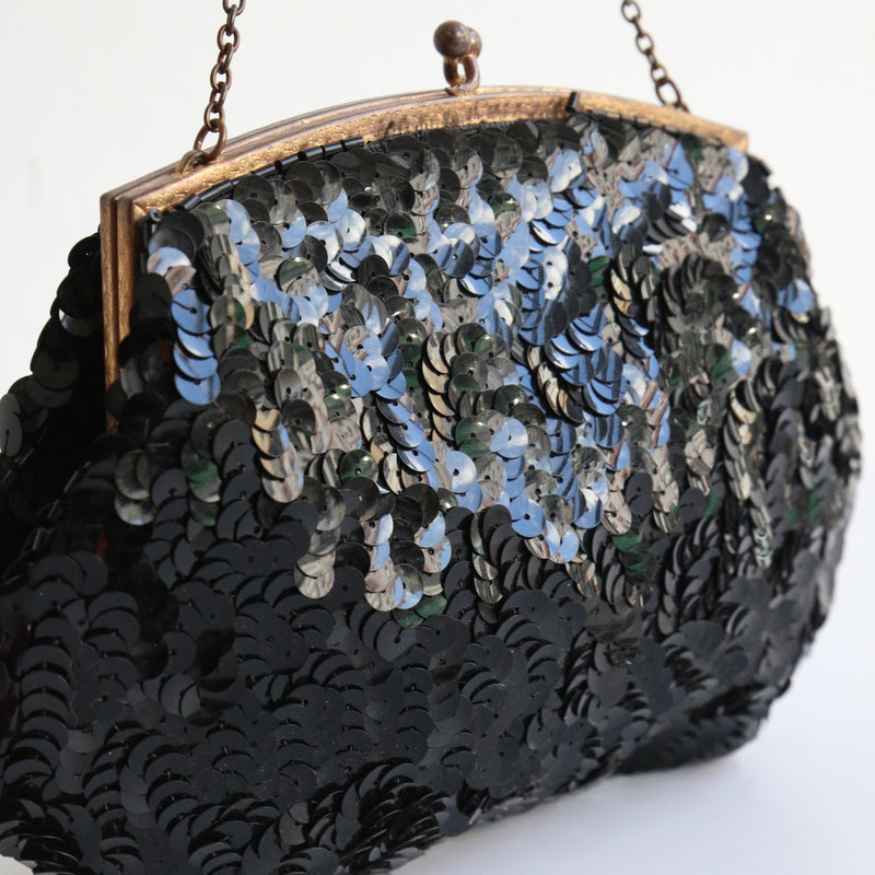 "Evening Sequins" Vintage 1930's Black Sequin Handbag