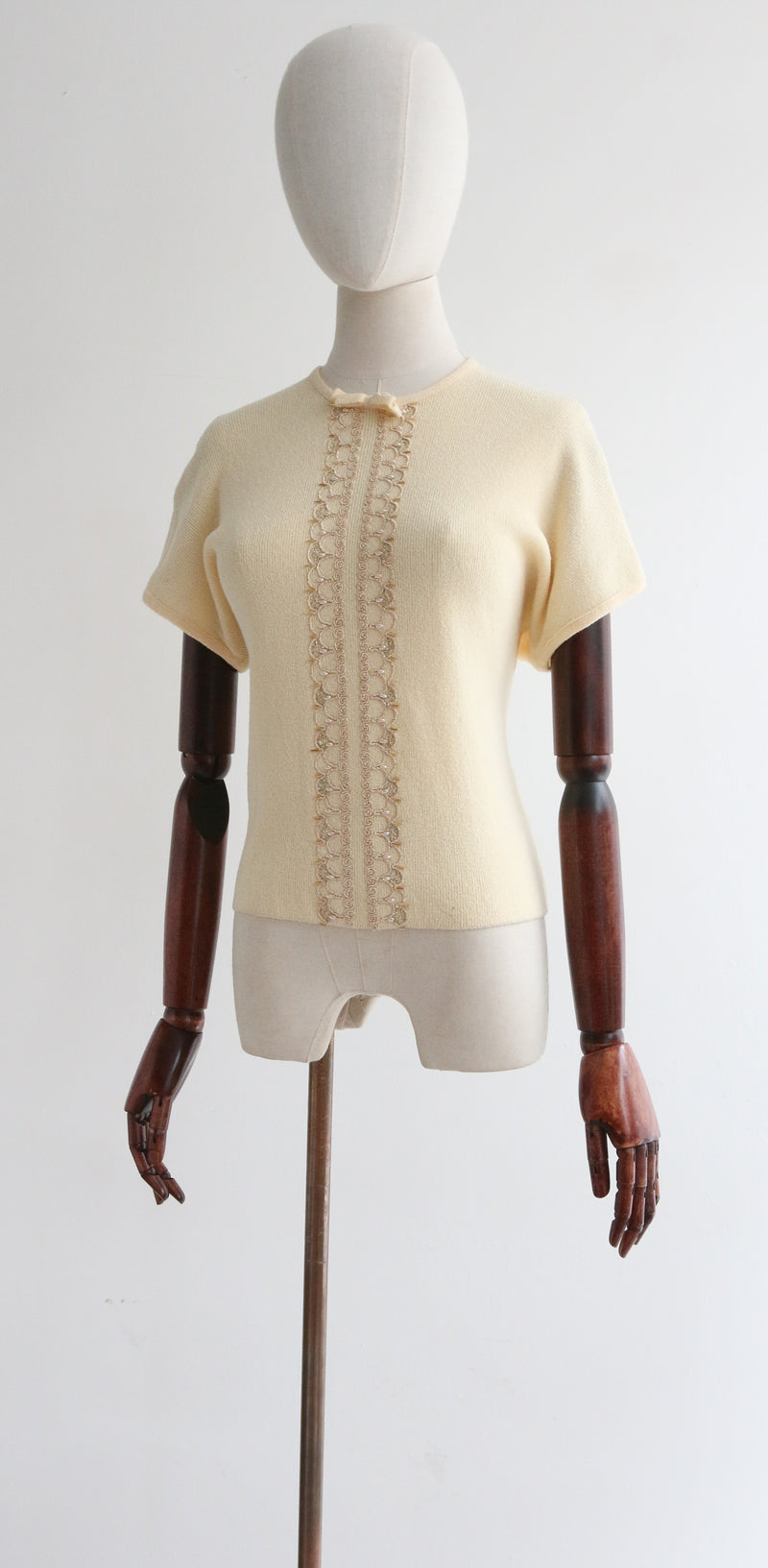 "Soft Yellow Beadwork" Vintage 1950's Orlon Beaded Knit UK 12-14 US 8-10