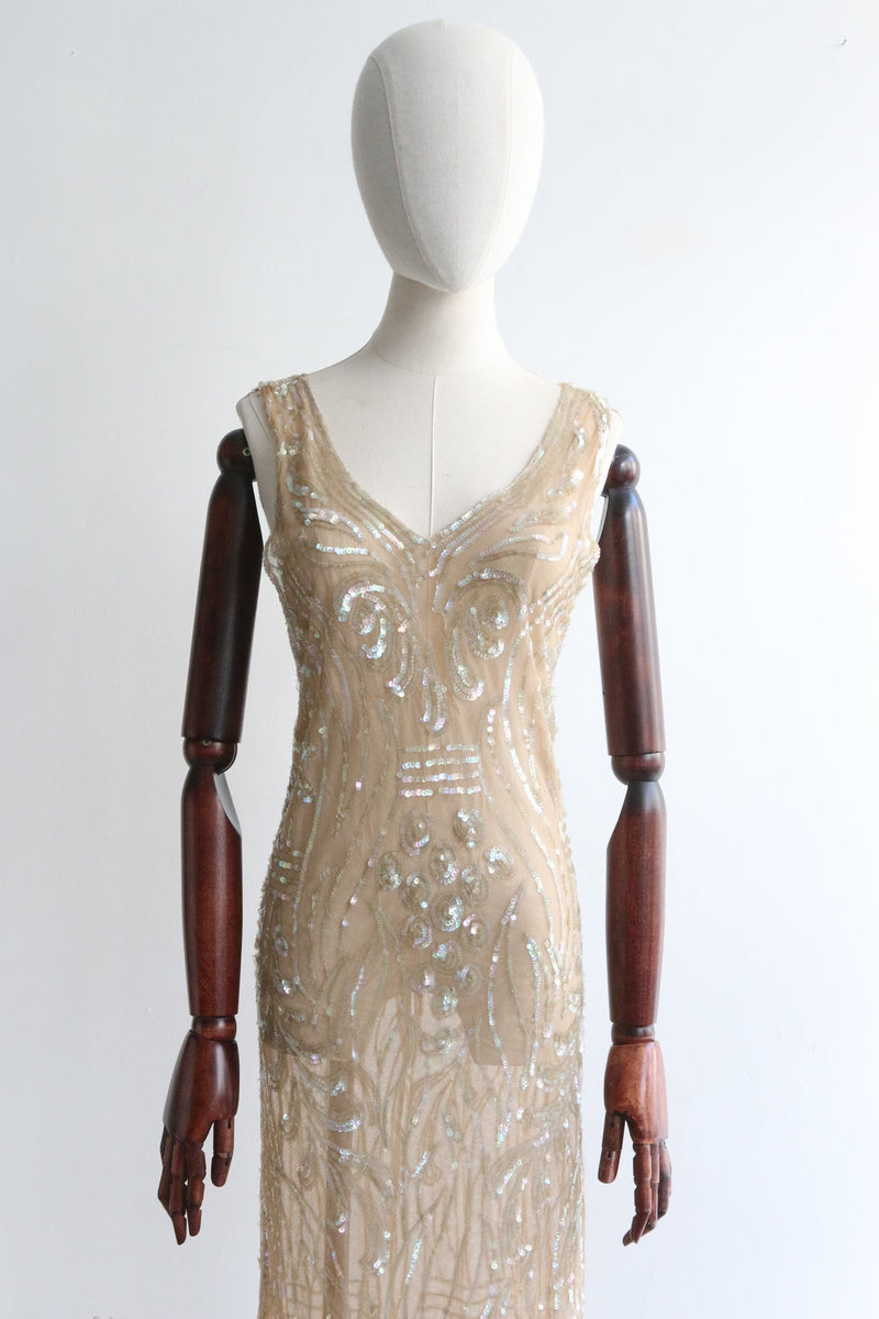 "Champagne Sequins" Vintage 1930's Champagne Tulle & Iridescent Sequin Dress UK 10 US 6