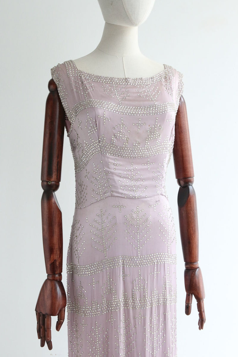 "Assuit Rhinestones" Vintage 1920's Lilac Satin & Rhinestone Embellished Dress UK 8-10 US 4-6