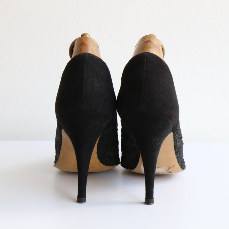 "Broderie Anglaise" Vintage 1950's Black Stiletto Shoes UK 4 US 6 EU 37