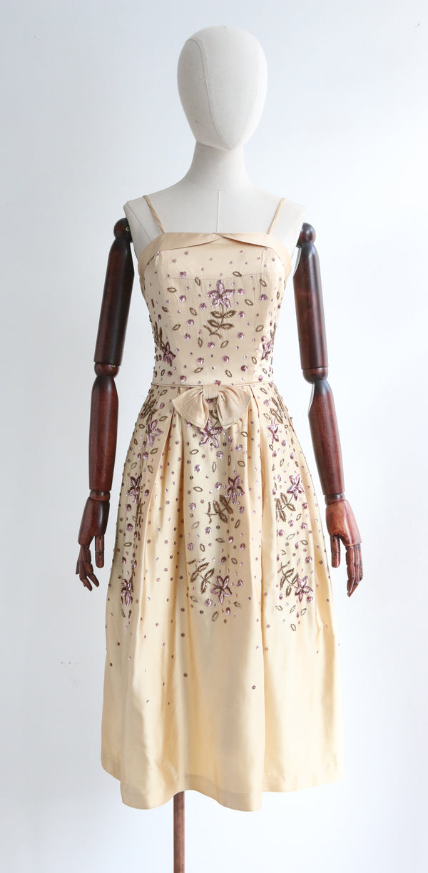 "Lilac Sequins & Satin" Vintage 1950's Satin Sequin Embellished Dress UK 8 US 4