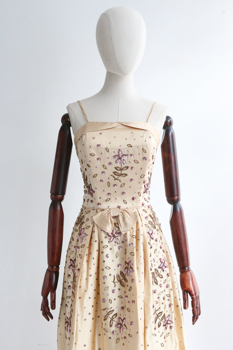 "Lilac Sequins & Satin" Vintage 1950's Satin Sequin Embellished Dress UK 8 US 4