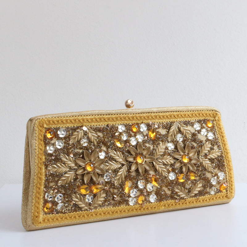"Caron Of Houston" Vintage 1960's Gold Lurex Floral Embellished Statement Clutch Bag