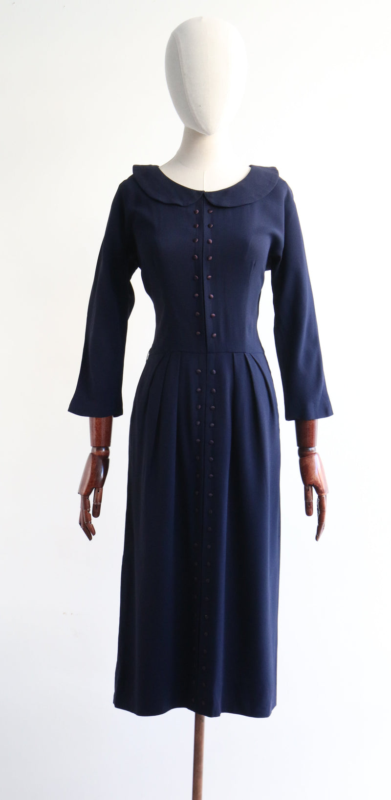 Damson Button Accents Vintage 1950's Crepe Silk Navy Dress UK 10 US 6 Damson Button Accents Vintage 1950's Crepe Silk Navy Dress UK 10 US 6