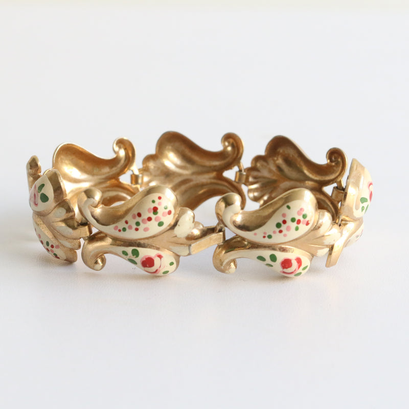 "Handpainted Roses" Vintage 1940's Bracelet & Earrings Demi- Parure Set
