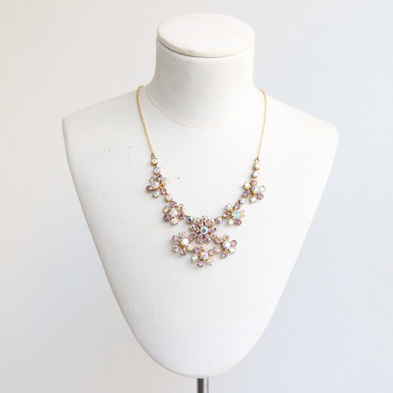 "Iridescent Lilac Florals" Vintage 1950's Rhinestone Necklace