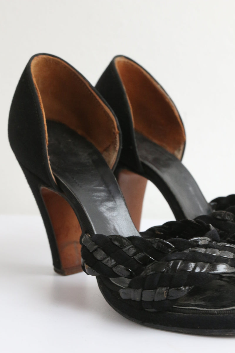 "Braided Suede & Leather" Vintage 1940's Black Suede & Patent Leather Heels UK 3.5 US 5.5 EU 35.5