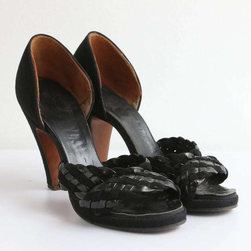 "Braided Suede & Leather" Vintage 1940's Black Suede & Patent Leather Heels UK 3.5 US 5.5 EU 35.5