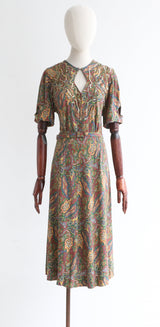 "Paisley & Gold Sequins" Vintage 1940's Paisley Dress UK 14-16 US 10-12