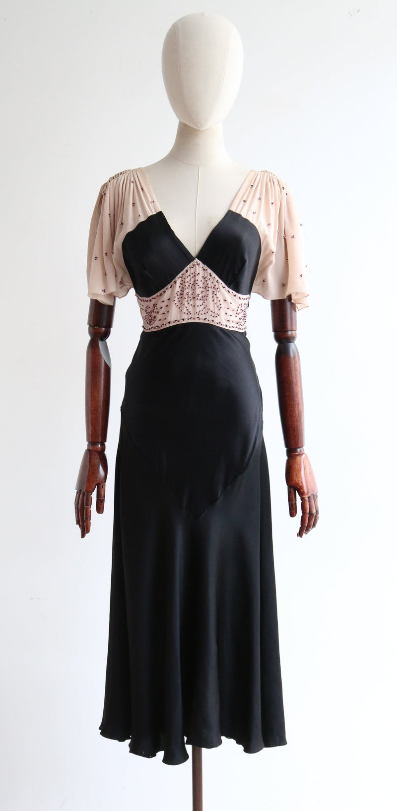 "Silk Panels & Beadwork" Vintage 1930's Blush Silk & Black Beaded Dress UK 10 US 6
