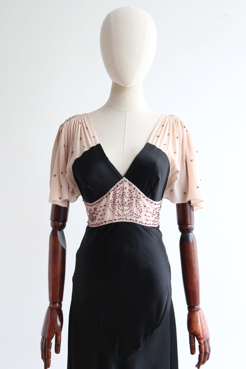 "Silk Panels & Beadwork" Vintage 1930's Blush Silk & Black Beaded Dress UK 10 US 6