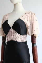 "Silk Panels & Beadwork" Vintage 1930's Blush Silk & Black Beaded Dress UK 10 US 6