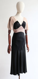 "Silk Panels & Beadwork" Vintage 1930's Blush Silk & Black Beaded Dress UK 10 US 6