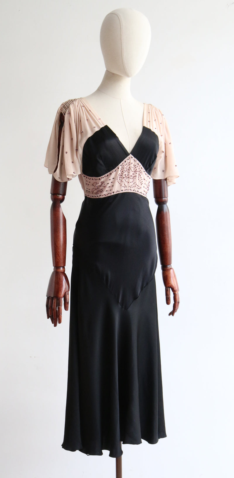 "Silk Panels & Beadwork" Vintage 1930's Blush Silk & Black Beaded Dress UK 10 US 6