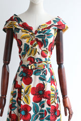 "Ruby & Teal Florals" Vintage 1940's Bold Floral Print Dress UK 12 US 8