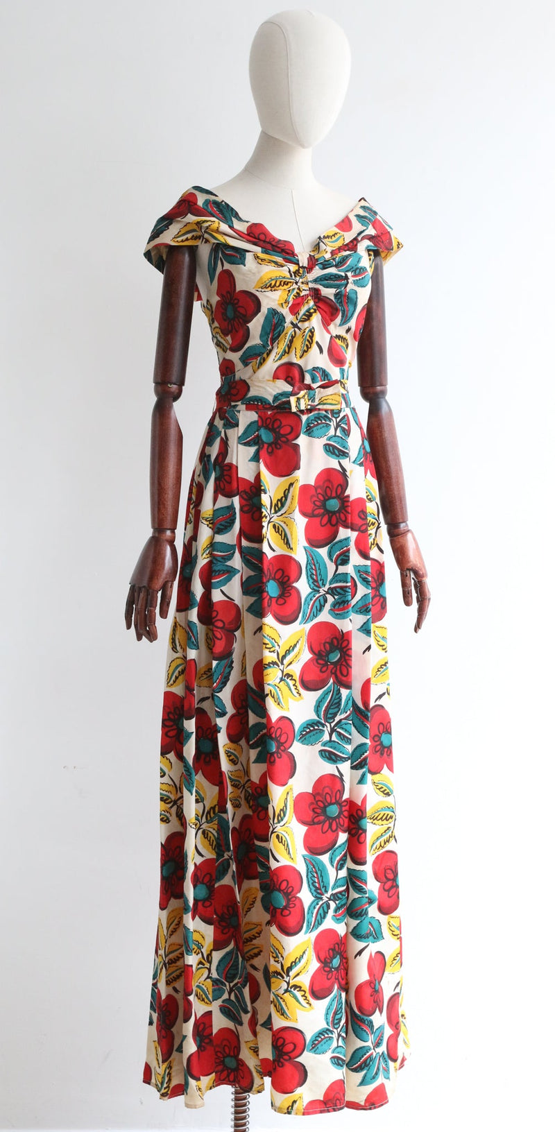 "Ruby & Teal Florals" Vintage 1940's Bold Floral Print Dress UK 12 US 8