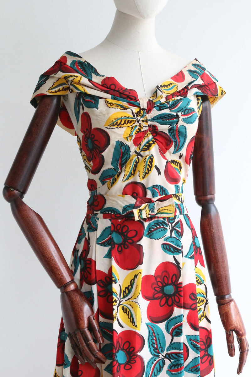 "Ruby & Teal Florals" Vintage 1940's Bold Floral Print Dress UK 12 US 8