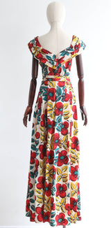 "Ruby & Teal Florals" Vintage 1940's Bold Floral Print Dress UK 12 US 8