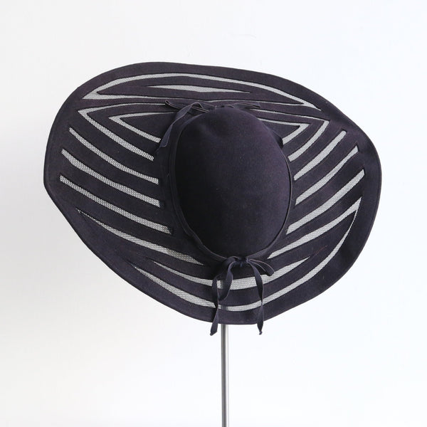 "Chicago" Vintage 1930's Wide Brim Navy Blue Felt & Mesh Cut Out Hat