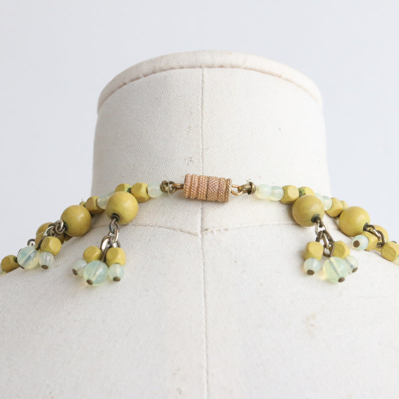 "Green Moonstone" Vintage 1960's Yellow Bead & Green Glass Necklace