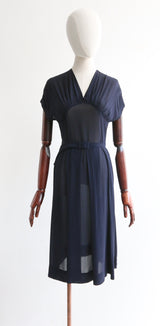 "Marine Blue" Vintage 1940's Navy Blue Silk Chiffon Dress UK 10 US 6
