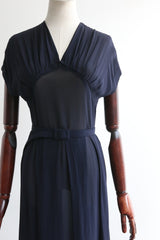 "Marine Blue" Vintage 1940's Navy Blue Silk Chiffon Dress UK 10 US 6