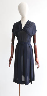 "Marine Blue" Vintage 1940's Navy Blue Silk Chiffon Dress UK 10 US 6