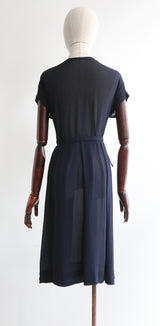"Marine Blue" Vintage 1940's Navy Blue Silk Chiffon Dress UK 10 US 6