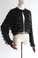 "Chevron Beaded Fringing" Vintage Late 1960's Black Beaded Fringed Jacket UK 10 US 6