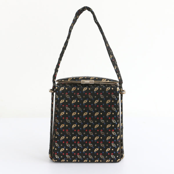 "Lurex Leaves" Vintage 1940's Black Satin & Lurex Brocade Evening Bag
