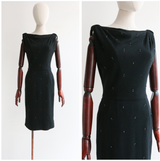"Grey Pearls & Rhinestones" Vintage 1950's Embellished Wool Dress UK 8 US 4